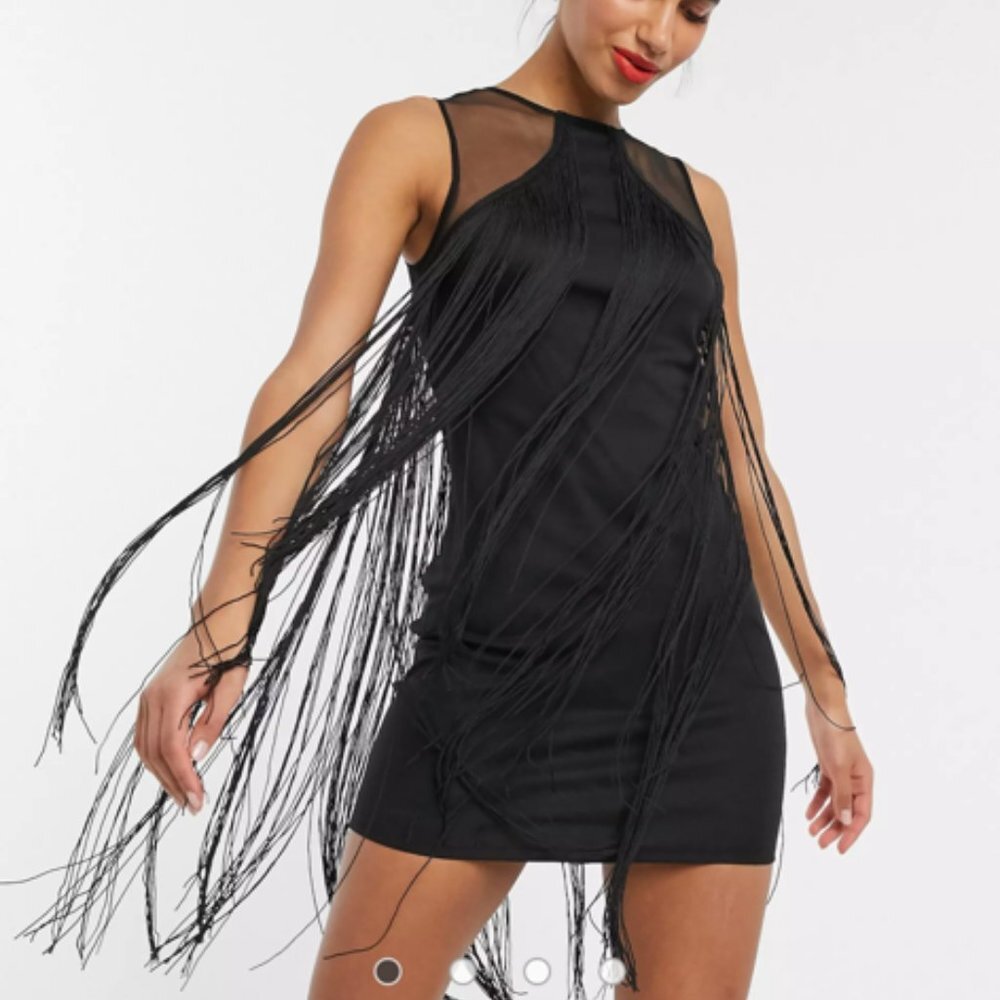 ASOS DESIGN fringe and mesh mini shift dress in black Size 4
